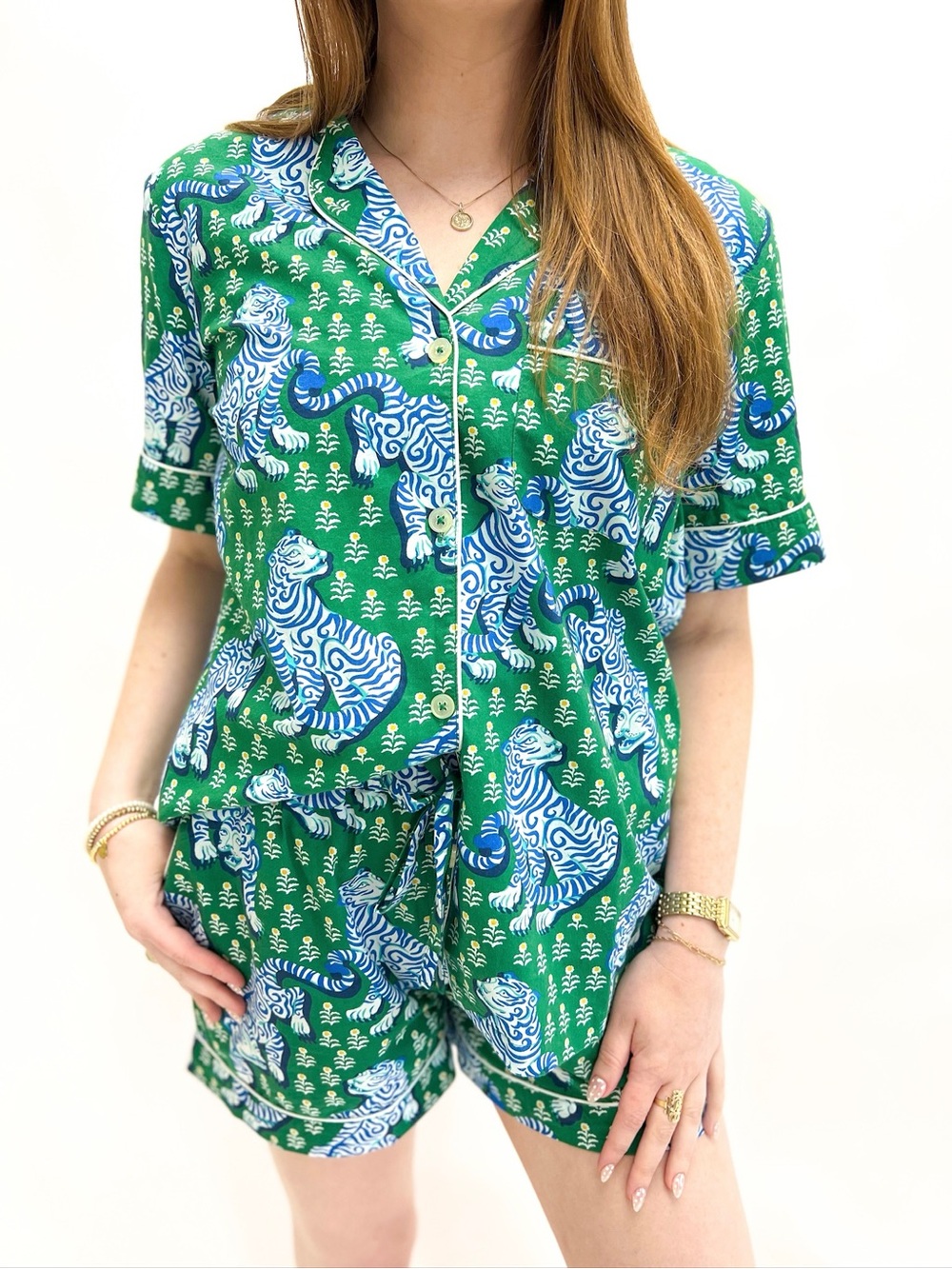 Green Tiger-Print Short Pajama Set - Women’s Sleepwear